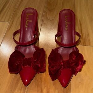 Lulus Emmarie Cherry Patent Bow Pointed-Toe Mule Pumps